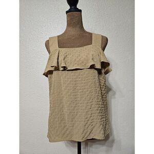 Nine West Women’s Sleeveless Ruffle Top Taupe Square Texture Thick Straps Size S